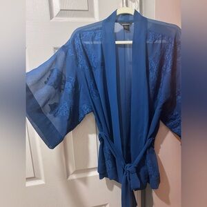 Vtg Victorias Secret Moda Blue Lace Kimono wrap tie top size small